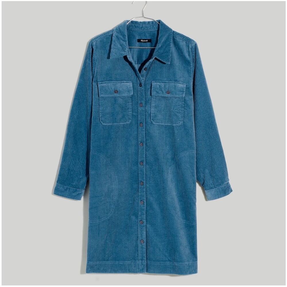Madewell Dress Womens 2X Blue Corduroy Mini Shirtdress Long Sleeve Shift Collar - Picture 2 of 10